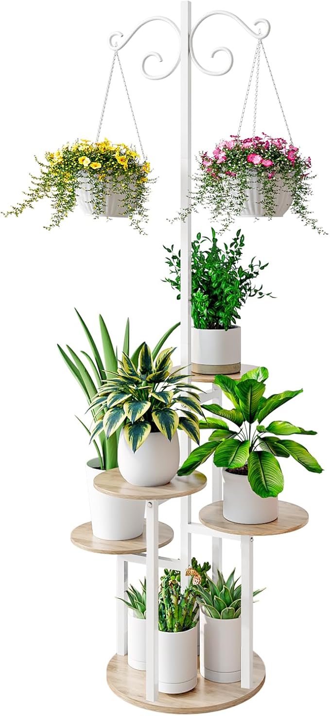 INGIORDAR Plant Stand Indoor Outdoor Corner Plant Shelf for Multiple Flower Pots Flower Stand Holder for Patio Garden Balcony Living Room (White+Sonoma Oak, 5 Tier with Hook)