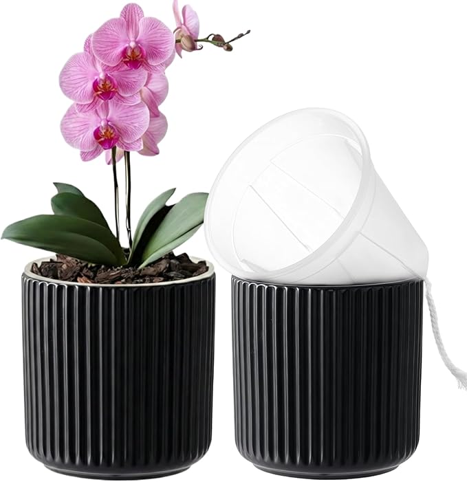 Set of 2 self Watering Ceramic pots for Indoor Plants with 5 inch Clear Inner Pot (Black, 5 inch)