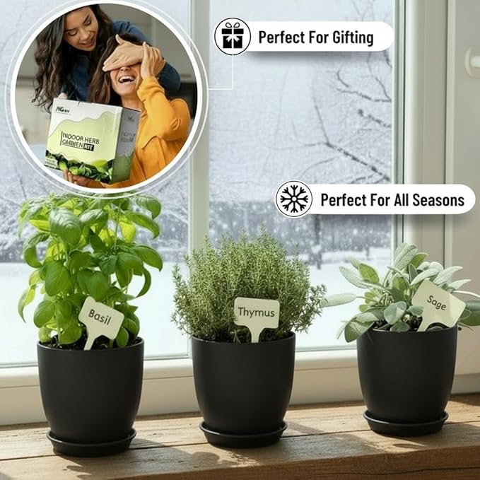 Indoor Garden Kit - Plant Pots with Drainage, Watering Can & Tools - Ideal Windowsill Planter Set - Modern Home & Kitchen Decor Gift - Black