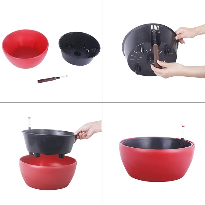 Vencer 11 Inch Plastic Round Self Watering Planter,Water Indicator,Modern Decorative Planter Pot for All House Plants Flowers, Herbs, Vegetables, Tropical,Red,VF-048R
