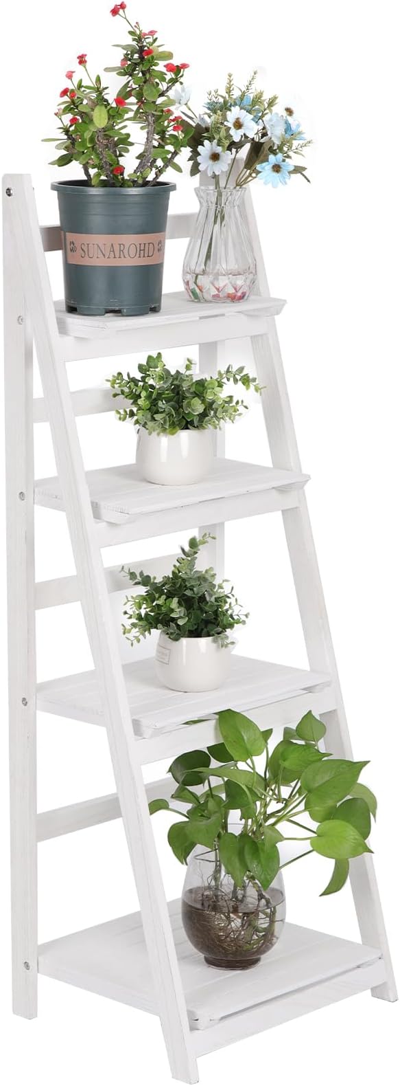 Funkeen Foldable Ladder Shelf Wood Multi Tier Plant Stand Tall Flower Pot Display Outdoor Plant Ladder Plant Holders Indoor Stand Corner Storage Bookshelf for Home Office Balcony Patio Garden White