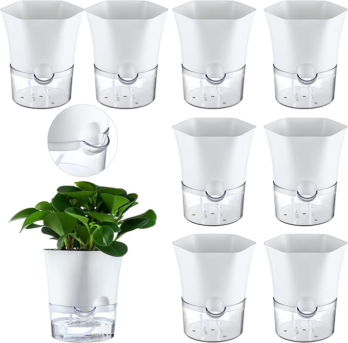 8-Pack 6" Clear Self Watering Pots for Indoor Plants Large Hexagon Self-Watering Planters Orchid Pots Plastic Wick Flower Plant Pots for African Violet, Spider, Herbs, Home Decor, White and Clear