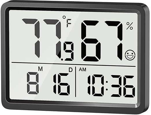 DOOMAY Digital Room Thermometer and Humidity Monitor with Calibration,High Accuracy Sensor Indoor Hygrometer with Date & Clock Desktop Magnet Sticky for Baby Room Greenhouse Guitar(Black)