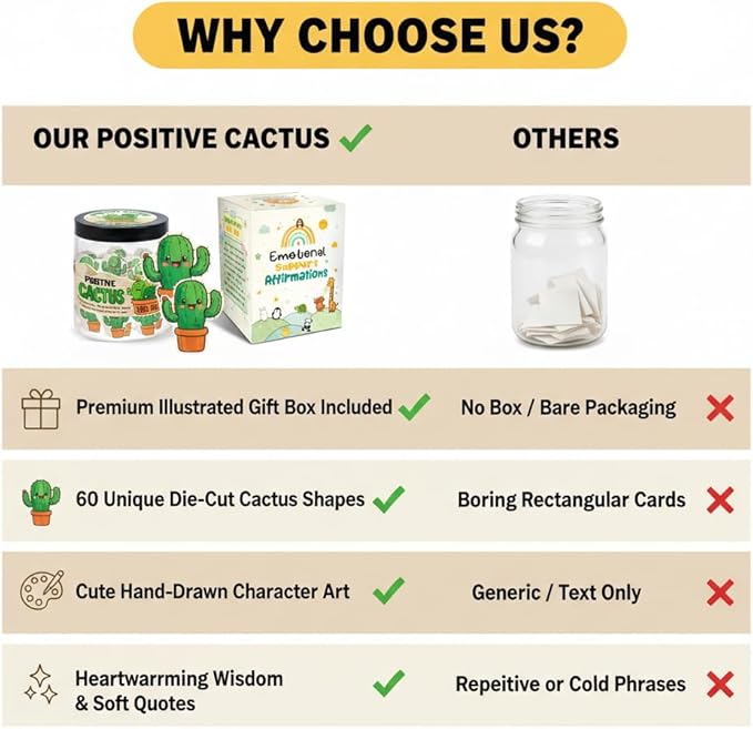 Positive Cactus Jar with 60 Daily Affirmation Cards, Emotional Support Plant Cactus Gifts, Stress Relief, Motivational Gift, Cactus Plushies, Mini Plant Toy Decor, Funny Gifts for Women, Positive Toy