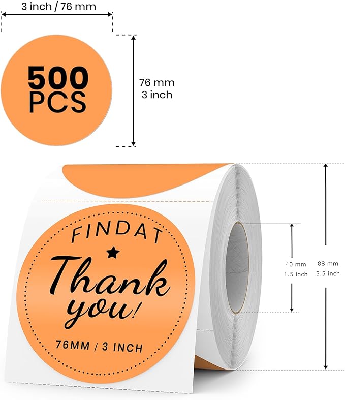 Orange Round Thermal Labels 3 Inch Vinyl Circle Waterproof Direct Printer Sticker Self-Adhesive Perforated Name Tag for Logo DIY QR Design Office Address 500 PCS