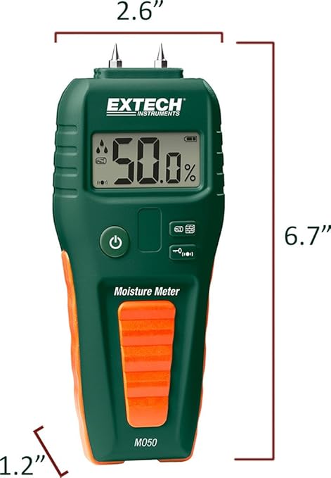 Extech MO50 Compact Pin Moisture Meter - Digital Water Leak Detector for Wood and Building Materials - Audible Alert, Moisture Drop Icons, Self-Test Cap - Handheld Tool