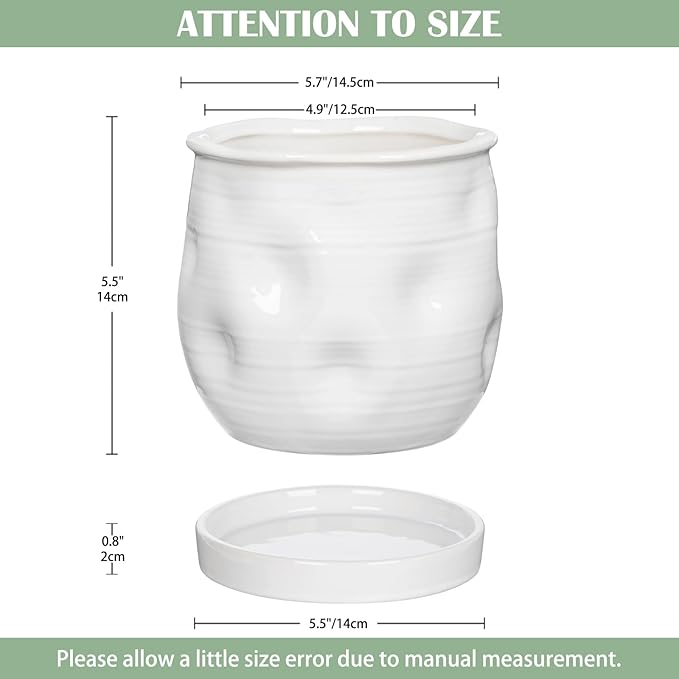 Oairse 5.7 inch Ceramic Pots for Plants, Plant Pot with Drainage Hole and Saucer White Ceramic Indoor Planter with Tray Decorative Flower Pots for Succulent, Cactus, Snake Plant, Herb Indoor Outdoor