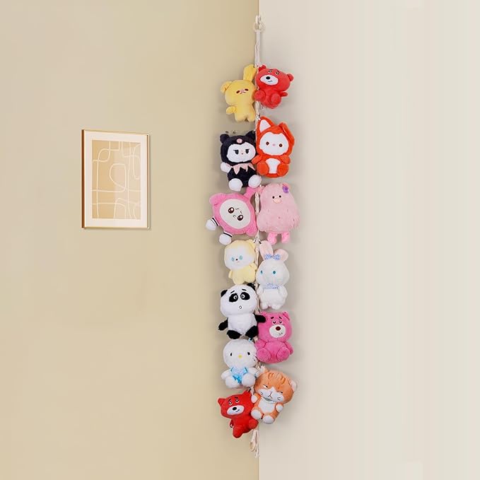 Stuffed Animal Storage Chain Boho Room Decor, Hanging Stuffed Animal Holder with 20 Metal Clips, Macrame Plush Toy Corner Organizer for Kids Baby Nursery Bedroom Playroom Wall Decor