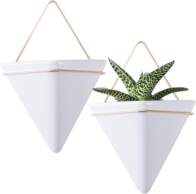 Hanging Planter, 2PCS Geometric Triangle Wall Plant Holder, Ceramic Wall Mounted Plant Holder, for Succulent, Faux Plants, Home and Office Decor, White, Mounted
