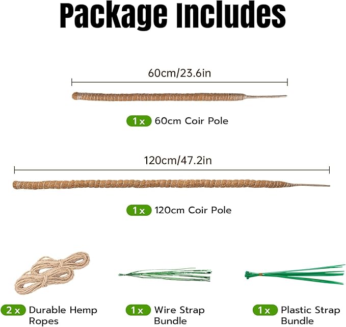 Mcbazel 2 Pack Bendable Moss Pole Kit (47" & 23") for Plants Monstera - Mixed Size Coco Coir Plant Support Stakes for Tall & Medium Indoor Vines - Flexible Totem Stick with Full Garden Ties