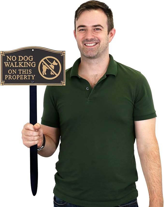 SmartSign “No Dog Walking On This Property” GardenBoss Statement Plaque | 5.75" x 9.5" Aluminum Plaque with 18" Black Lawn Stake, Made in USA