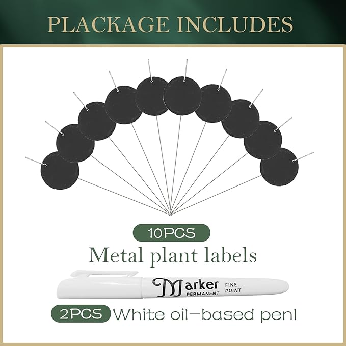 10-Pack Marble Circle Garden Markers,Weatherproof Metal Plant Labels Large Planting Seedling Stake Signs, for Seedlings Herbs Vegetable Greenhouse Gifts with White Marker Pen Labels