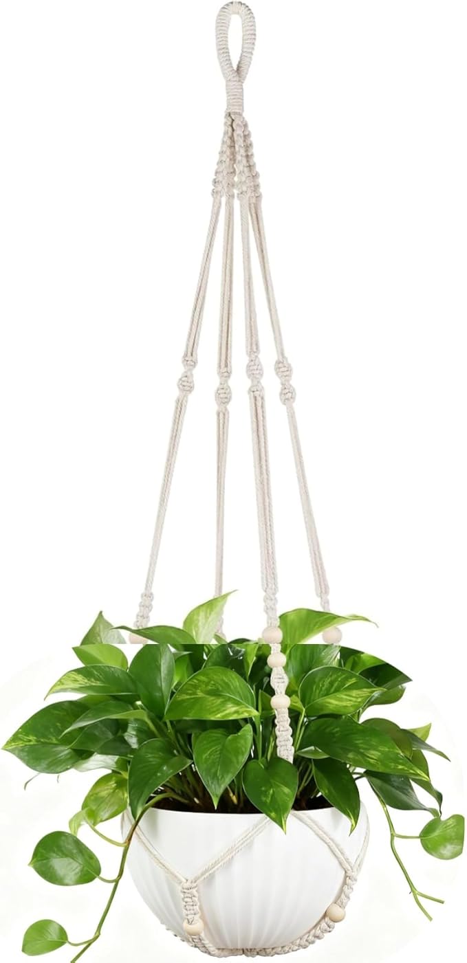 2 Pack Macrame Plant Hanger 36 Inch, Ivory Hanging Planter Holder with Wood Beads & No Tassels,Larg Hanging Baskets Indoor Outdoor Boho Home Decor for Flower Pots (2 Hooks Included)
