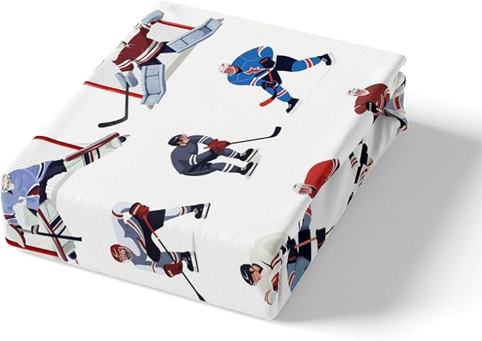 Ice Hockey Sheet Set Queen Kids Sports Event Bedding Set Hockey Player Bed Sheets for Boys Bedroom Decor Soft Winter Sports Hockey Puck Bed Set (Twin Flat Sheet & Fitted Sheet with 2 Pillow Case)