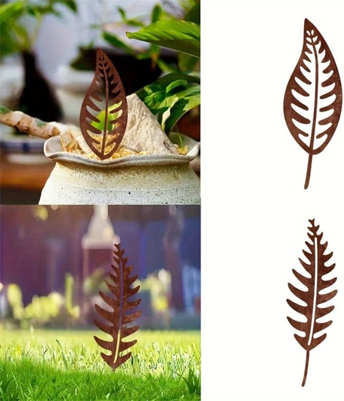 2pcs Rust-Colored Metal Plant Stakes, Classic Fern Leaf Design Garden Decor, Durable Outdoor Metal Art for Courtyard, Balcony, Flower Pots