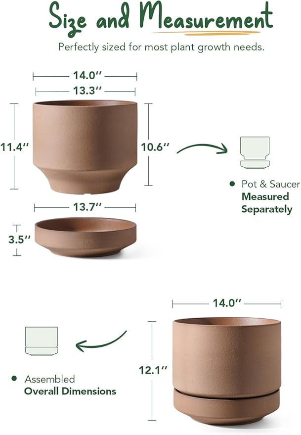 LE TAUCI Large 14 Inch Plant Pot with Saucer | Ceramic Outdoor & Indoor Big Planter Pot | Drainage Hole, Mesh Pad | Unglazed Porous | Modern Minimalist for Home and Patio – Terracotta Color