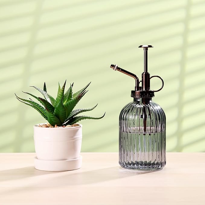Glass Plant Mister - 7.5" Green Glass Water Spray Bottle with Gold Top Pump, Indoor/Outdoor Small Plant Sprayer (Gray+Bronze)