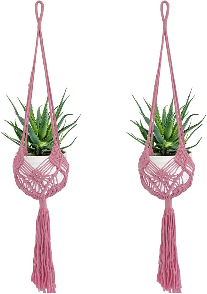 2 Pack 90CM (35inch) Extra Long Macrame Plant Hangers, up to 8 inch Pot Hanging Planter with Patterns, Premium Cotton Rope Crochet Boho Hanging Planter Basket for Indoor & Outdoor Plants (Pink)