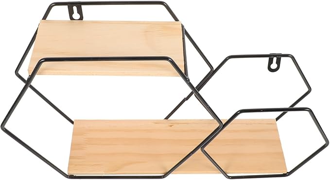 HOMSFOU Hexagon Wall Shelves Floating Wood and Metal Wall Mounted Storage Shelf Black Geometric Display Rack for Bedroom Home Décor Planter Pot Holder