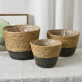 Seagrass Round Wicker Planter Basket with Plastic Liner, Handmade Woven Basket Flower Pot for Indoor Plants and Flower, Boho Home Decor, Bread & Fruit Storage Basket (Black,Set of 3)