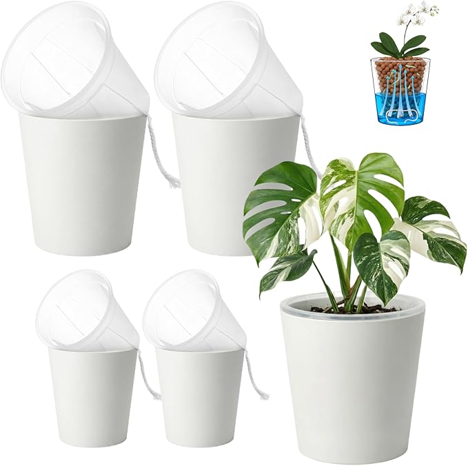 4 Pack of 7 and 5" Double-Layer Self-Watering Pot with Clear Nursery Pot - Indoor Planter with Drainage for Root Visibility,semi Hydro pots for repotting Orchids,Aroid or Monstera,White