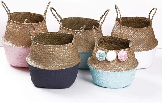 Woven Seagrass Belly Baskets with Handles for Planter Storage Flower Pot Cover Organizer&Laundry,Picnic Fruit&Grocery Baskets,Foldable Handmade Wicker Rattan Basket Hanging Decorative Baskets