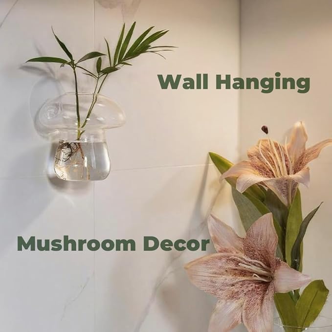 Wall Hanging Mushroom Vase, Small Plant Propagation Stations Cute Mushroom Glass Planter Terrarium Indoor Hydroponic Flower Holder for Elegant Home Decor Gifts, Clear, 1 PC