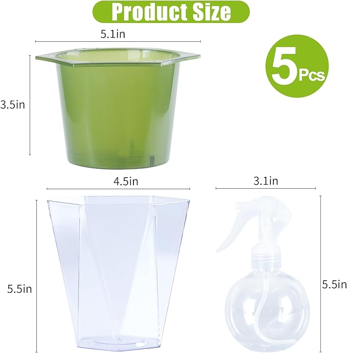 Oliz Self Watering Planter 5 Pcs, 4.5 Inch Flower Plant Pot with Transparent Inner Pot, Gardening Flowerpot with Watering Can, Indoor Self Watering Planter Pot for Herbs, Flowers (Green)