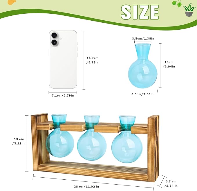 XXXFLOWER Propagation Station with Wooden Stand, 3 Bulb Glass Vase Plant Terrarium for Hydroponics Home Office Indoor Decor,Plant Gift for Mom Women Wife Friend Plant Lovers (Blue)