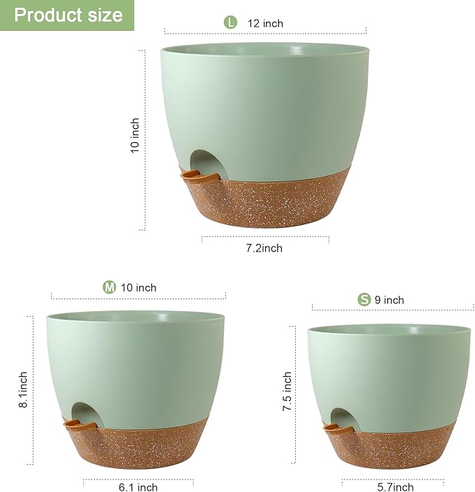 WSMKSZ Big Self Watering Pots 12/10/9 inch, Planter, Plant Pots with Mesh Drainage Holes for Indoor Outdoor Garden Plants, Plastic Flower Pots with Removable Deep Reservoir, Green with Brown