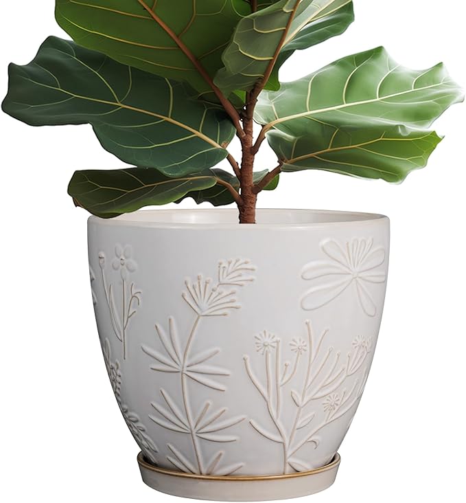 MPotTo 10 Inch Plant Pot Ceramic Planter Pot with Drainage Hole and Saucer Round Planter Large Flower Pot for Indoor Outdoor Plants Home Garden Decor White