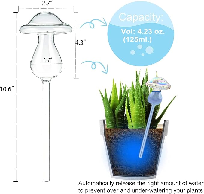 Kingbuy Iridescent Mushroom Self-Watering Globes for Plants - 2 Pack Automatic Plant Waterer Indoor/Outdoor, Plant Watering Devices with Continuous Moisture Supply, No Electricity Needed