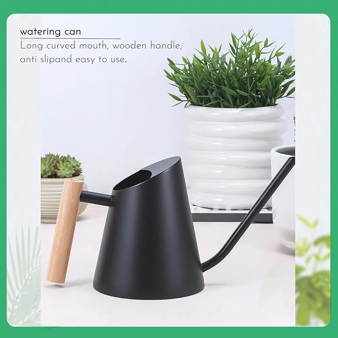 800ml Indoor Watering Can with Long Spout,28oz Capacity, Black Metal with Wood Handle (Black-Z2)