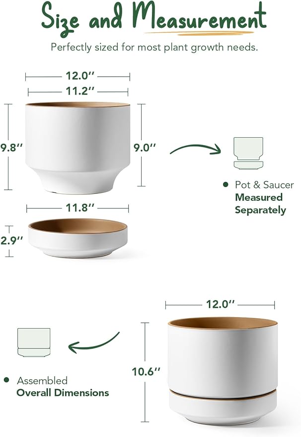 LE TAUCI 12 Inch Pot for Plants with Saucer, Ceramic Indoor Planter Pot with Drainage Hole, Mesh Pad Included, Matte Glazed Outside, Modern for Home and Office, Alpine White & Ochre