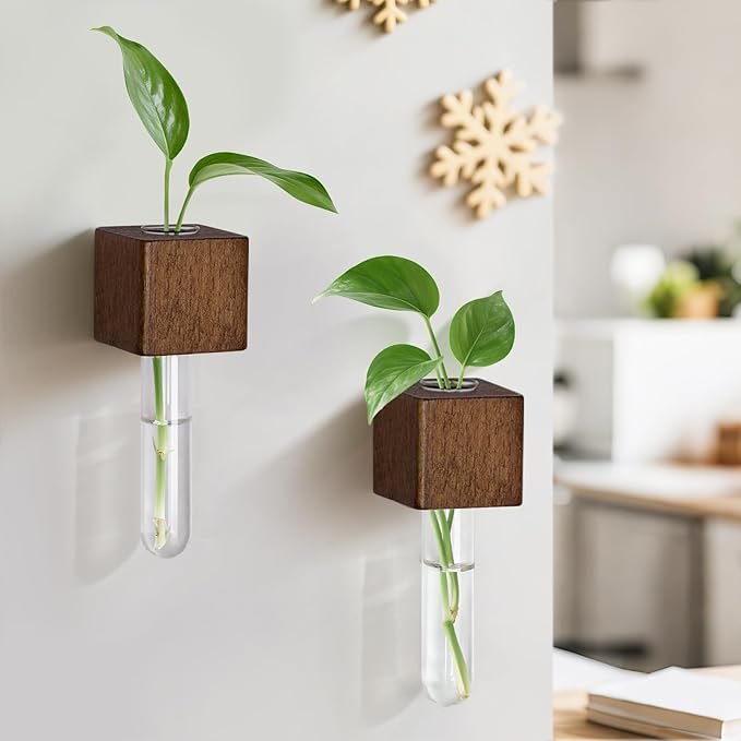 Magnetic Test Tube Flower Vases for Refrigerator, Set of 2 Wooden Fridge Magnet Planters with Glass Tubes – Light & Dark Wood Color, Propagation Station for Hydroponic Display (No Plant Included)