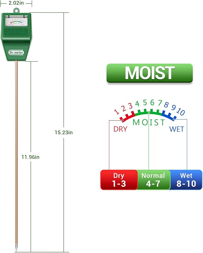 Dr.meter Soil Moisture Meter Tester for Plants, Long Probe Hygrometer Moisture Sensor for Houseplants Indoor Outdoor Garden Lawn Use - Plant Water Gauge Test Kit - No Battery Needed - Gardening Gifts