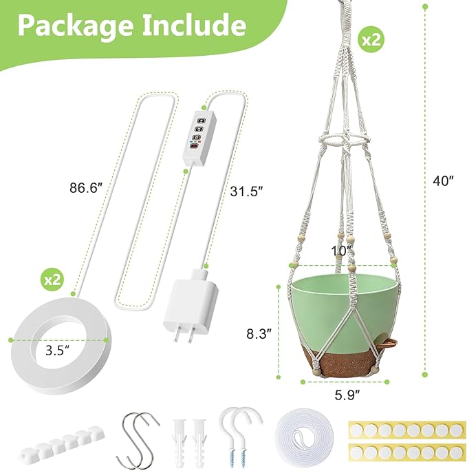 Hanging Planters for Indoor Plants: 2 Pack Macrame Plant Hangers with Grow Lights and Self-Watering Pots, Large Hanging Pots with Drainage Holes & Removable Tray（10in Green Pot, Daylight Spectrum）