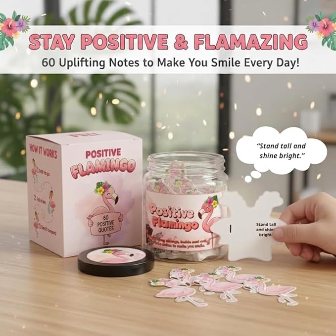 Positive Flamingo Jar with 60 Daily Affirmation Cards, Emotional Support Flamingo Decor, Mini Flamingo Figurines, Birthday Gifts for Women and Friends, Inspirational Desk Present for Coworkers