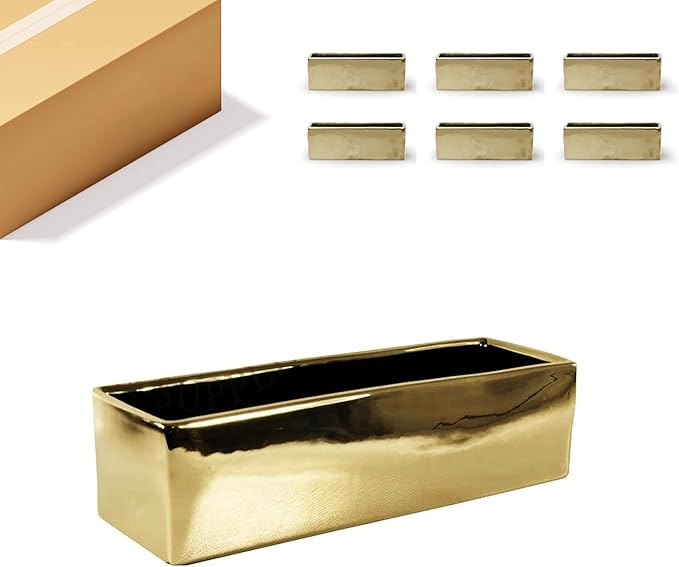 WGVI Long Rectangle Ceramic Planter Vase in Gold 12" x 4" x 4"H, Block Rectangular Terrarium Box Pot, Flower Arrangement, Table top Centerpiece, Home Decor Organization Storage Container, 6 Pcs.