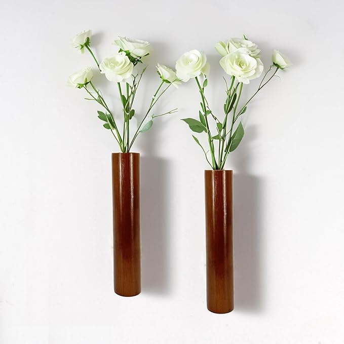 AIM & GGKK Wood Wall Vase for Flowers Set of 2, Wall Mounted Wooden Planters Holder for Indoor Plants, Bedroom Living Room Bathroom Kitchen Modern Decor