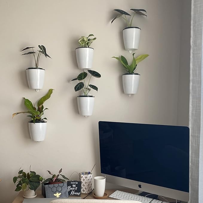 8 Packs 5" and 7.3" Plastic Self Watering Pots Wall Hanging Planters Wall Mounted Wicking Flower Pots for Indoor and Outdoor African Violet, Ocean Spider Plant, Orchid, White