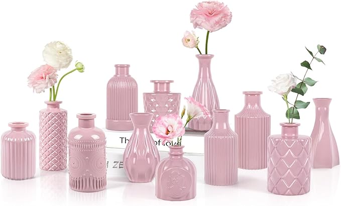 TBWIND Blush Pink Glass Bud Vase Set of 12 – Mini Vintage Vases for Flowers, Centerpieces, Wedding & Home Décor