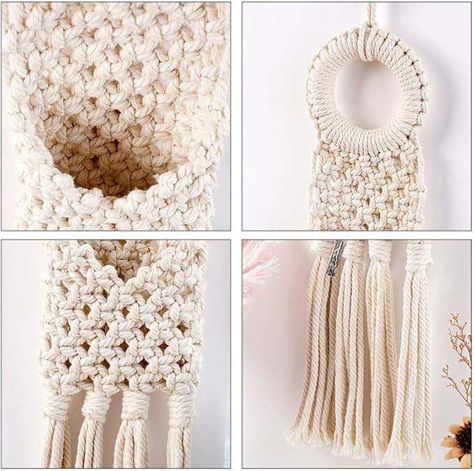 Cabilock Macrame Hanging Wall Organizer - Small Boho Woven Storage Pouch for Keys, Phone & Mail - Decorative Cotton Tassel Tapestry for Dorm Room, Bedside & Narrow Spaces