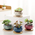 YYW Ceramic Plants Pots 3 Inch Set of 4 Flower Pots with Drainage and Bamboo Tray for Indoor/Outdoor Small House Plants,Foliage Plant (Set 1)