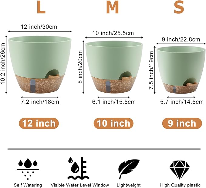 QRRICA Self-Watering Plant Pots with Water Level Indicator, Drainage Holes & Saucers – 12/10/9 Inch Large Plastic Planter Set for Indoor & Outdoor Plants (Green)
