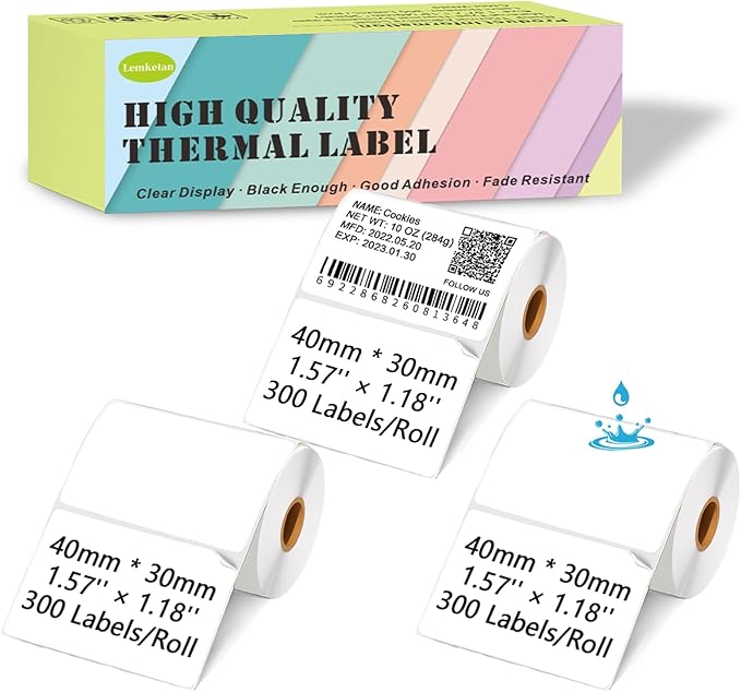 Thermal Labels Compatible for Supvan T50M Pro, Phomemo M110, Label Maker Tape Refill, Weatherproof & Tear-Resistant Thermal Stickers (40mm x 30mm, 1.57''x1.18'')