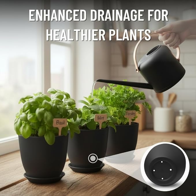 Indoor Garden Kit - Plant Pots with Drainage, Watering Can & Tools - Ideal Windowsill Planter Set - Modern Home & Kitchen Decor Gift - Black