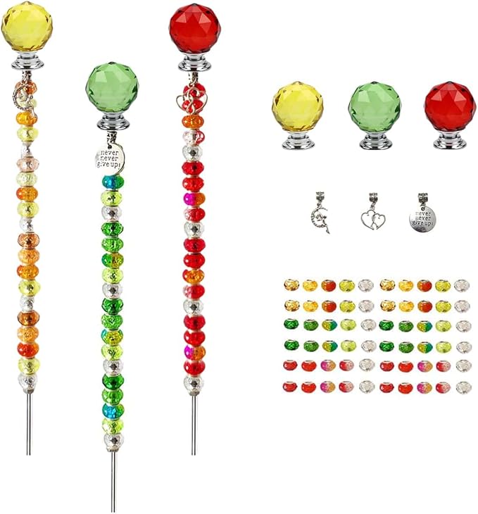 72Pcs Beaded Garden Stakes Kit - DIY Fairy Wand Garden Stake Beads Kit, Fairy Garden Accessories Outdoor for Different Festivals, Beadable Items Ball-(Red+Green+Yellow)