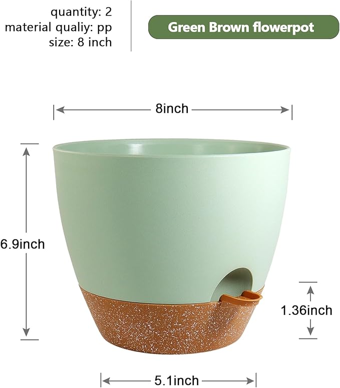 WSMKSZ 8 inch Self Watering Pots, 2 Pack Plastic Planters with Mesh Drainage Holes for Garden Plants and Flower, Plants Pots with Deep Reservoir for Indoor Outdoor Plants, Green with Brown