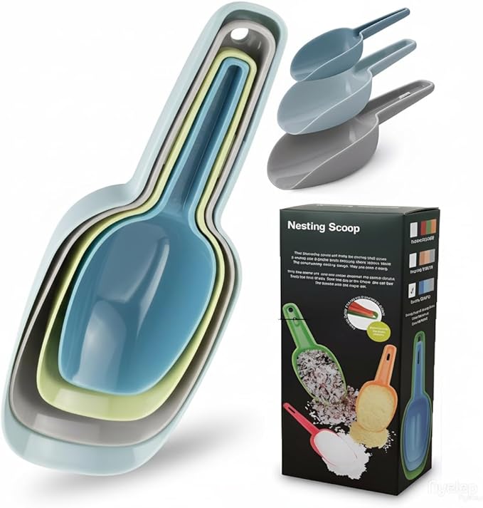 Nesting Kitchen Scoops for Ice Cubes Set of 4, Multi-Purpose Food Scoops for Dry Goods, Flour & Coffee Beans, Plastic Measure Scoops for Pet Food Durable & BPA-Free, Stackable for Easy Storage